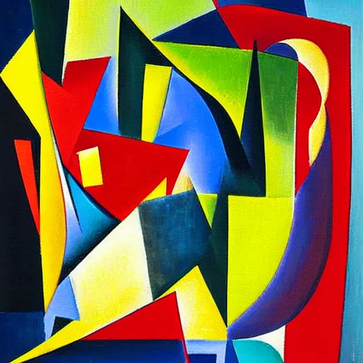 Prompt: a painting of a group of abstract shapes, an abstract painting by André Lhote, cg society, lyrical abstraction, cubism, oil on canvas, fauvism