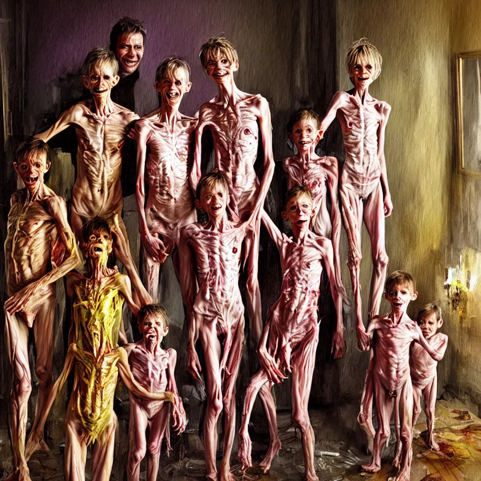 Image similar to bright realistic anorexic family turning into a god and smiling franticly, old apartment, rotten flesh, diffuse lighting, fantasy, intricate, elegant, highly detailed, lifelike, photorealistic, digital painting, artstation, illustration, concept art, smooth, sharp focus, art by francis bacon and jenny saville