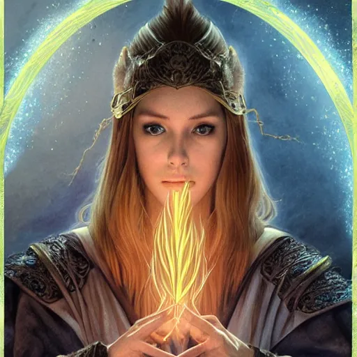 Prompt: a detailed tarot card of a human warlock casting a spell, female, auburn hair with blonde highlights, crackling blue lightning, fantasy, d & d, intricate, elegant, highly detailed, digital painting, artstation, concept art, matte, sharp focus, illustration, in the style of magic the gathering, art by artgerm and greg rutkowski and alphonse mucha