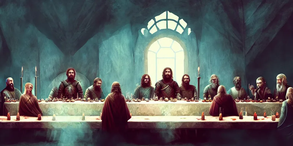 Image similar to game of thrones last supper by beeple and greg rutkowski, digital painting, trending on artstation, sharp focus, 4 k