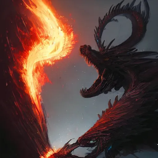 Prompt: a black dragon blowing a stream of fire out of its mouth by greg rutkowski