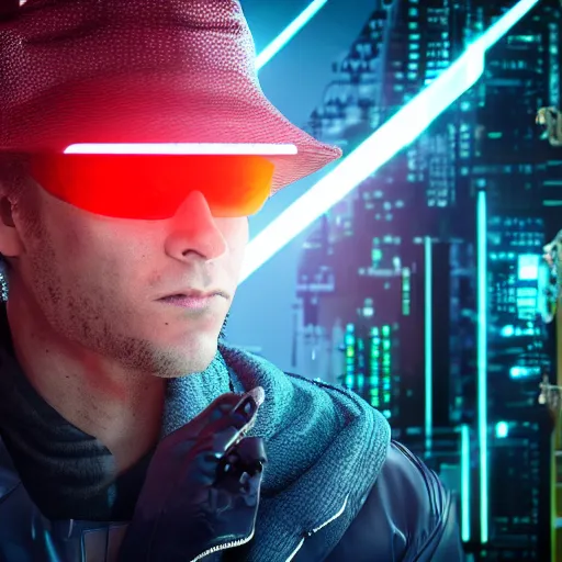 Image similar to a man wearing a hat from the future, cyberpunk background, highly detailed, epic lighting, 8 k