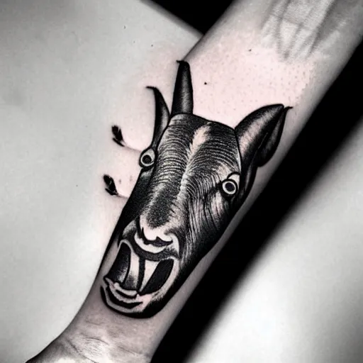 Prompt: a tattoo of a goat with a stick of dynamite in its mouth