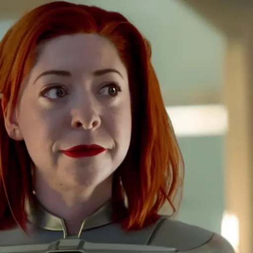 Image similar to Willow Rosenberg (Alyson Hannigan) from BtVS, as the Scarlet Witch, film still from 'Avengers Endgame'