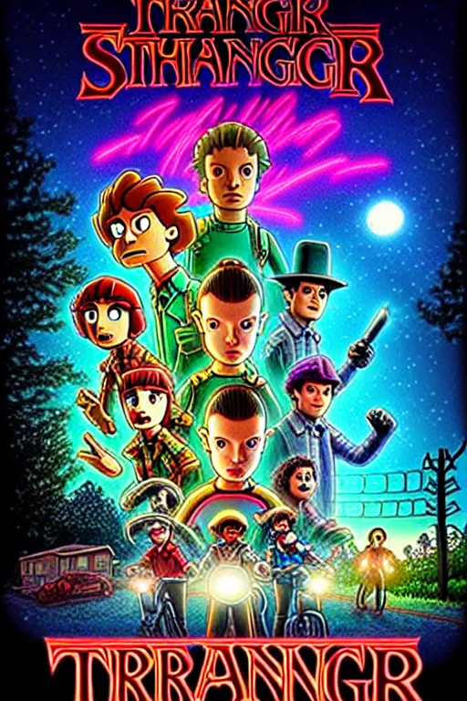 Prompt: animated version of Futurama Stranger Things poster by Matt Groening, cartoon, detailed faces, high resolution, hyper detailed, intricate, illustrated, dramatic lighting !n-9