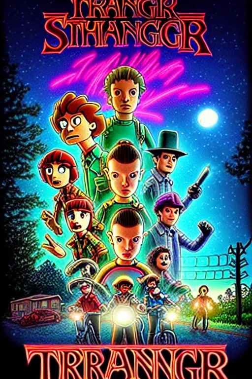 Image similar to animated version of Futurama Stranger Things poster by Matt Groening, cartoon, detailed faces, high resolution, hyper detailed, intricate, illustrated, dramatic lighting !n-9