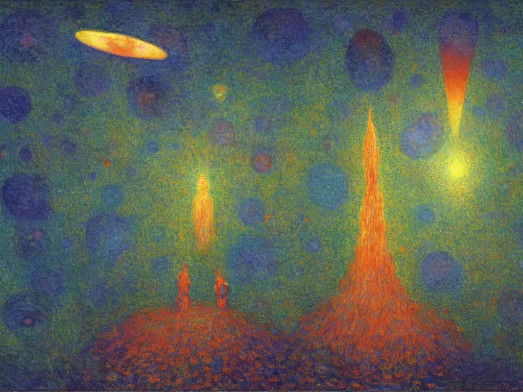 Image similar to study of the psychedelics dream bot mothership firefly net over the sublime sacred rock. painting by mikalojus konstantinas ciurlionis, monet, bosch, wayne barlowe, agnes pelton, rene magritte