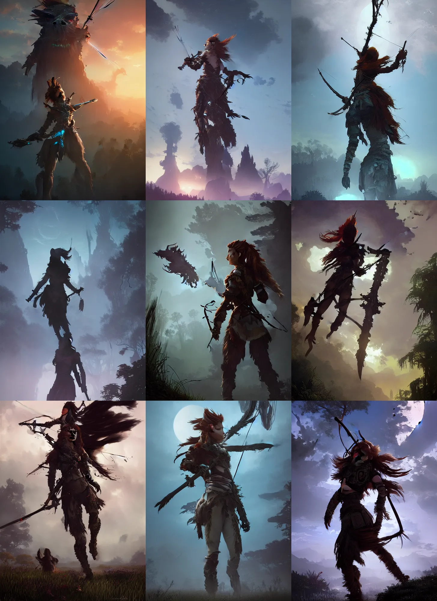 Image similar to !dream Aloy from Horizon Zero Dawn silhoutte, female archer, atmospheric environment, Character Design, demonic presence, Holy Heavenly Host Divine Angelic Army. Beeple, grimshaw, thomas cole, ismail inceoglu, winslow homer, greg rutkowski, gerald brom, marc simonetti, simon stalenhag, anton fadeev, donglu yu