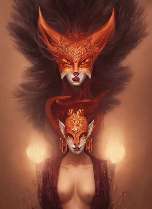 Prompt: a beautiful detailed oil on copper art illustration of a japanese kitsune mask devil woman, centered, by charlie bowater, zeng fanzh, trending on artstation, dim dusk lighting, cinematic lighting, detailed lighting, volumetric lighting, realistic, f 8, 4 k hd wallpaper