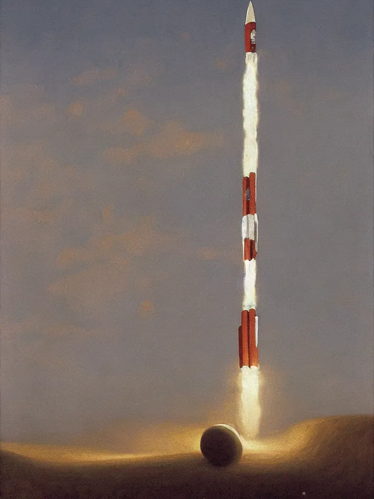 Image similar to a _ painting _ of _ a _ scifi _ rocket _ by _ peter _ ilsted