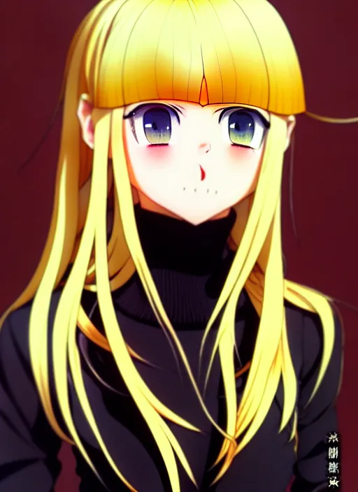 Image similar to anime portrait of a beautiful blonde, yellow - orange eyes, ilya kuvshinov, black clothing, head tilt, anime, pixiv top monthly, trending on artstation, cinematic, danbooru, zerochan art, kyoto animation