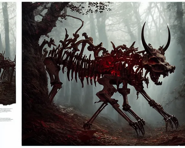 Image similar to 5 5 mm portrait photo of an armored demonic rat skeleton with horns and red eyes, in a magical forest. magical atmosphere. art by greg rutkowski. highly detailed 8 k. intricate. lifelike. soft light. nikon d 8 5 0.