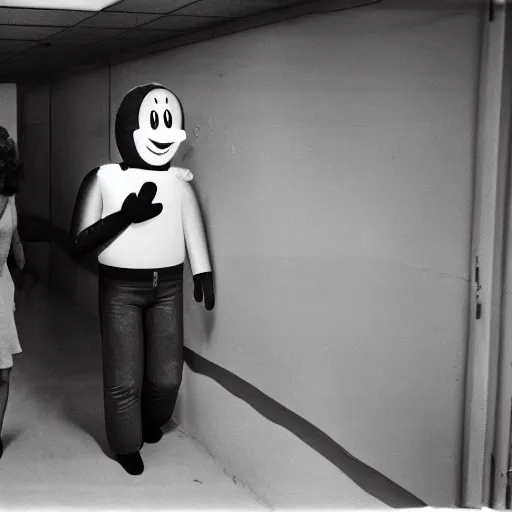 Image similar to 1978 teenage girl holds hands with smiley inflatable boyfriend at high school, color John Waters film, in school hallway, dirty walls, archival footage, technicolor film, 16mm, live action, Fellini, campy