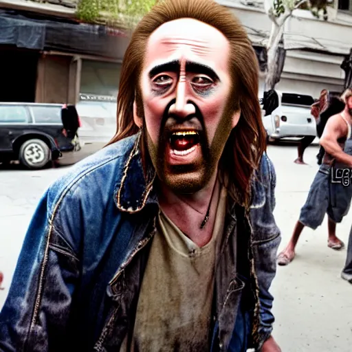 Prompt: uhd candid photo of dirty, homeless nicholas cage ranting maniacally in the street. skid row. correct face, accurate face, exaggerated features, intricate details, hyperdetailed, accurate face, studio lighting, photorealistic. photo by annie leibowitz