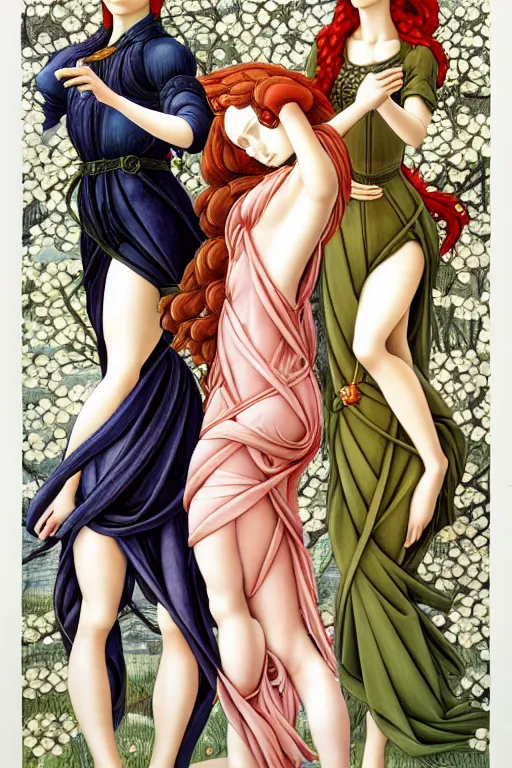 Image similar to 12 figures, representing the 4 seasons, (3 as Spring, 3 as Summer, 3 as Autumn, and 3 as Winter), in a mixed style of Botticelli and Æon Flux, inspired by pre-raphaelite paintings, shoujo manga, and cyberpunk, stunningly detailed, elaborate inking lines, pastel colors, 4K photorealistic