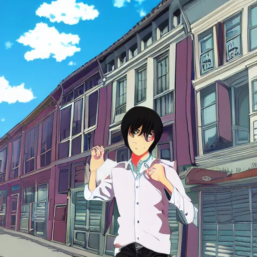 Prompt: anime illustration of young Paul McCartney from the Beatles, wearing a blue and white check shirt, silver sports watch, in front of shophouses in Singapore, relaxing and smiling at camera, white clouds, ufotable