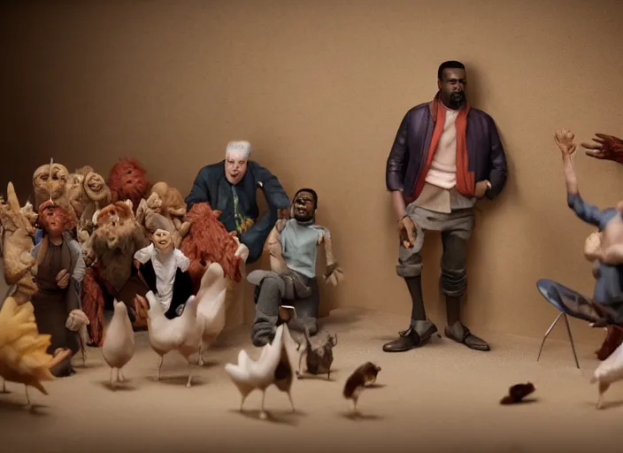 Image similar to detailed studio photography of a claymation diorama of kanye west hosting a party for chicken, zeiss lens, detailed, by erwin olaf, joop geesink, wes anderson, jim henson, brian froud, breathtaking, 8 k resolution, beautiful lighting, studio light, extremely detailed, establishing shot, realistic materials, hyperrealistic