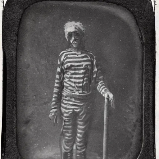 Image similar to tintype photo of a clown standing at the entrance to a cave