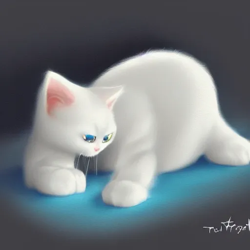 Image similar to cute kitty as a cloud, fluffy, white fur, blue eyes, pixar, concept art, digital art, painting