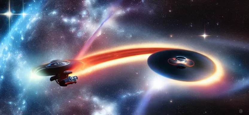 Image similar to startrek enterprise flying past a super nova and black hole, by juan ortiz 8k,