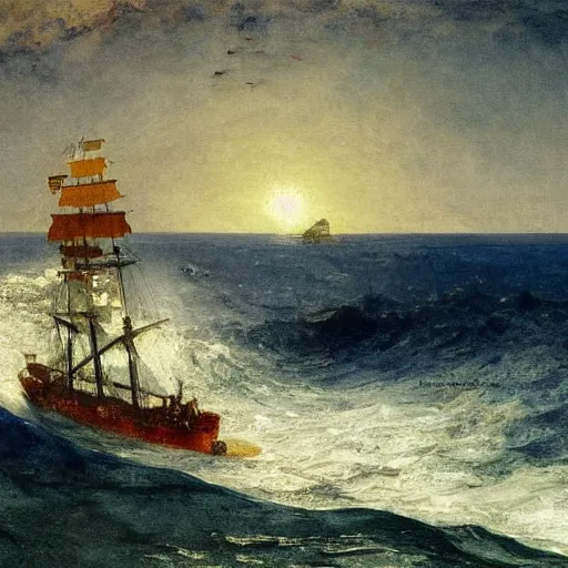 Prompt: Warship in the Carribean by Winslow Homer, by J.M.W Turner