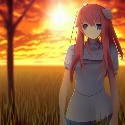 Image similar to anime illustration of Holo from Spice and Wolf standing in a wheat field at sunset, Holo is a wolf girl, high detail, trending on pixiv