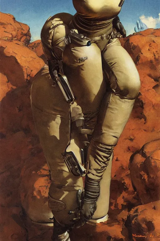 Image similar to 5 0 s pulp scifi fantasy illustration full body portrait slim woman in leather spacesuit on rocky mars, by norman rockwell, roberto ferri, daniel gerhartz, edd cartier, jack kirby, howard v brown, ruan jia, tom lovell, frank r paul, jacob collins, dean cornwell, astounding stories, amazing, fantasy, other worlds