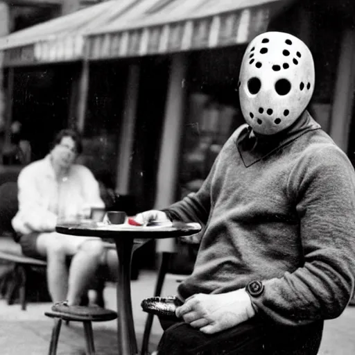 Prompt: photograph of jason voorhees having a coffee at an european caffé, light and cheerful photograph, nostalgic look