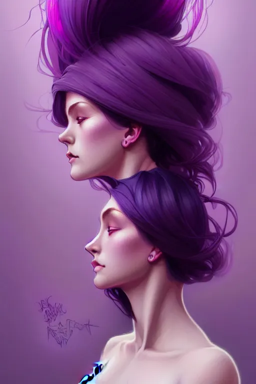 Image similar to Purple hair, creative colouring Portrait of woman, fashion, intricate, elegant, highly detailed, digital painting, artstation, concept art, smooth, sharp focus, illustration, art by artgerm and greg rutkowski and alphonse mucha