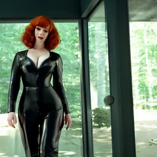 Image similar to amazing beautiful christina hendricks in leather body suit, film still from the movie directed by denis villeneuve, wide lens