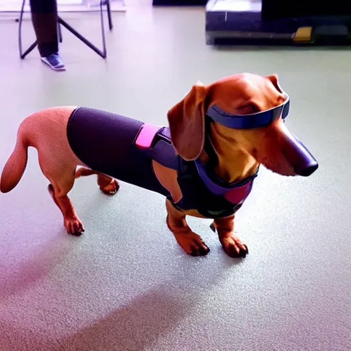 Image similar to dachshund dog wearing vr headset and htc vive trackers recording motion capture