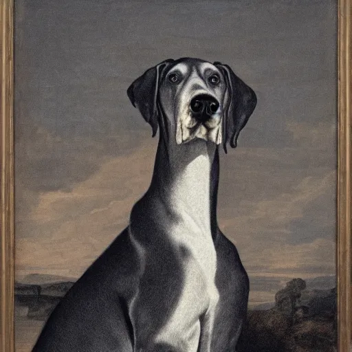 Prompt: a portrait of a slim grey royal great dane in a scenic environment by mary beale and rembrandt, royal, noble, crown, baroque art