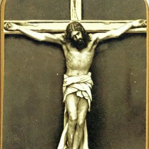 Prompt: a old vintage photo of the crucifixion of jesus