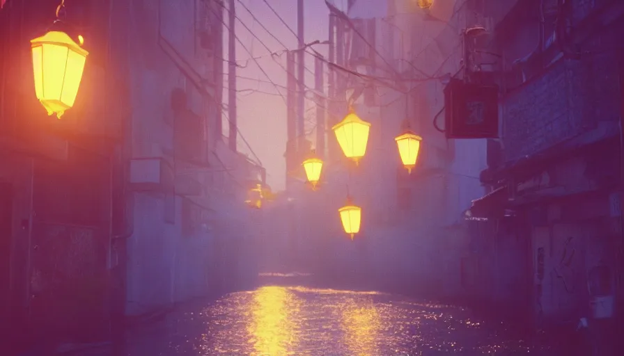 Prompt: A film still from a 1990s Sailor Moon cartoon tv show featuring a moody street in Japan with a waterfall and lanterns, lofi aesthetic, magical, golden hour, cinematic look, film grain, high detail, high resolution, 8k