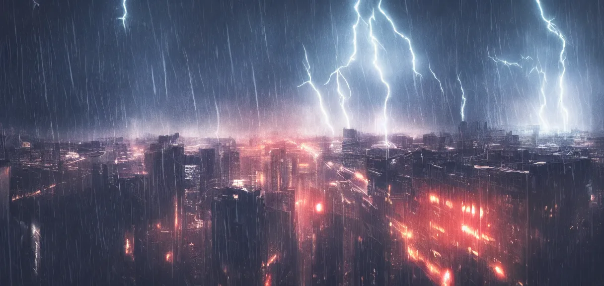 Prompt: shot of the roof with single man sitting on the edge during rain, below impressive cyberpunk night city during great rainy storm with lightning, nightscape, futuristic architecture, realistic photo, neons, blade runner, akira style, cinematic lighting, cinematic angles, dramatic perspective, glory, awe