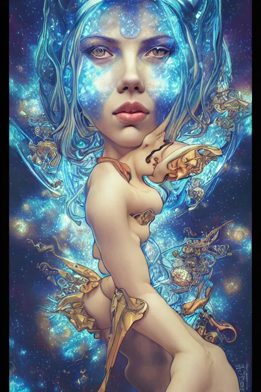 Prompt: celestial anthropomorphic puppy scarlett johansson, by artgerm and yoshitaka amano and moebius and alphonse mucha, hyperdetailed, dc comics, ornate, nebula, explosions in the sky, trending on artstation