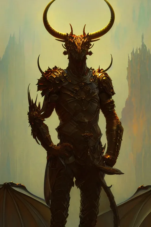 Prompt: full figure beautiful young fit antrophomorphic male dragon, great horns, armored, luminous scene, by greg rutkowski and alphonse mucha, d & d character, gradient yellow to red, in hell, highly detailed portrait, digital painting, artstation, concept art, smooth, sharp focus illustration, artstation hq