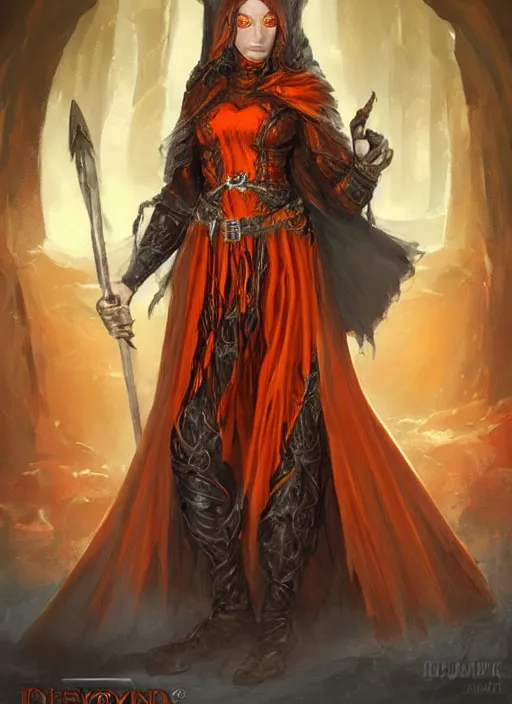 Image similar to dark orange cloak female priest, ultra detailed fantasy, dndbeyond, bright, colourful, concept sheet, realistic, dnd character portrait, full body, pathfinder, pinterest, art by ralph horsley, dnd, rpg, lotr game design fanart by concept art, behance hd, artstation, deviantart, hdr render in unreal engine 5