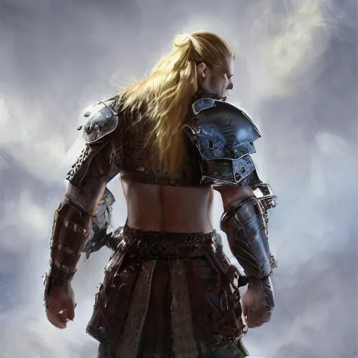 Image similar to rear side portrait of a muscular, ponytail haired blonde man with only left arm armored, wearing a thick brown leather coat, looking to his left, DnD, fantasy, dramatic lighting, digital art by Ruan Jia, Donglu Yu