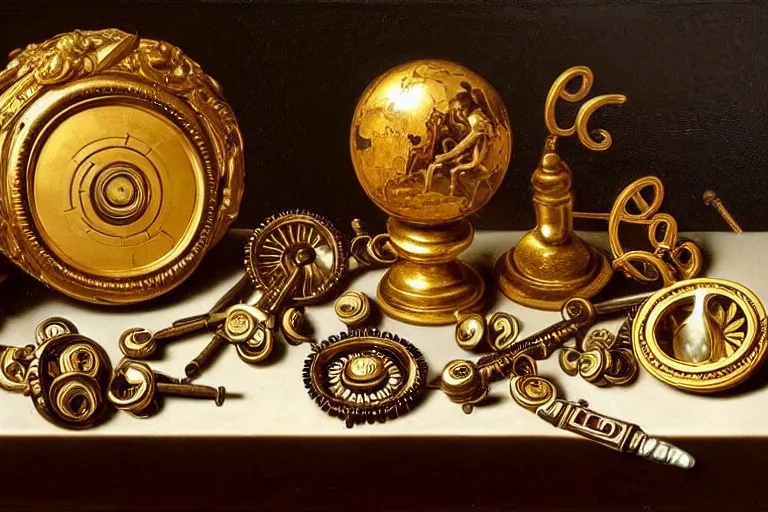 Prompt: inspiring renaissance still life of fidget spinners on an antique dresser, intricate, ornate, highly detailed fidget spinners, natural light, golden hour, oil painting by caravaggio