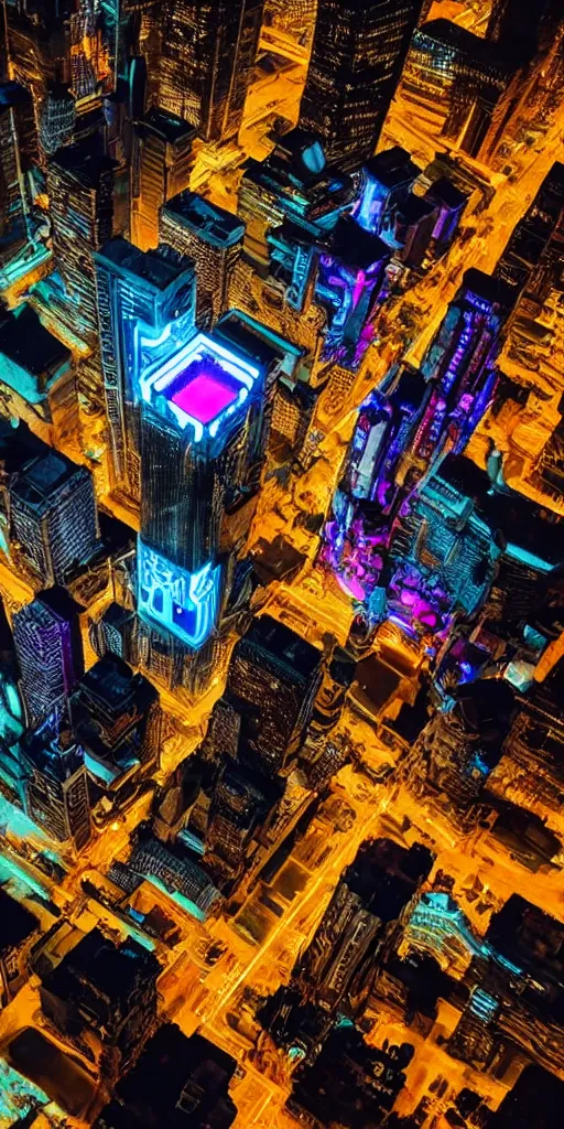 Prompt: cyberpunk city at night,drone shot, night clubs and neons, rain, girl under lantern