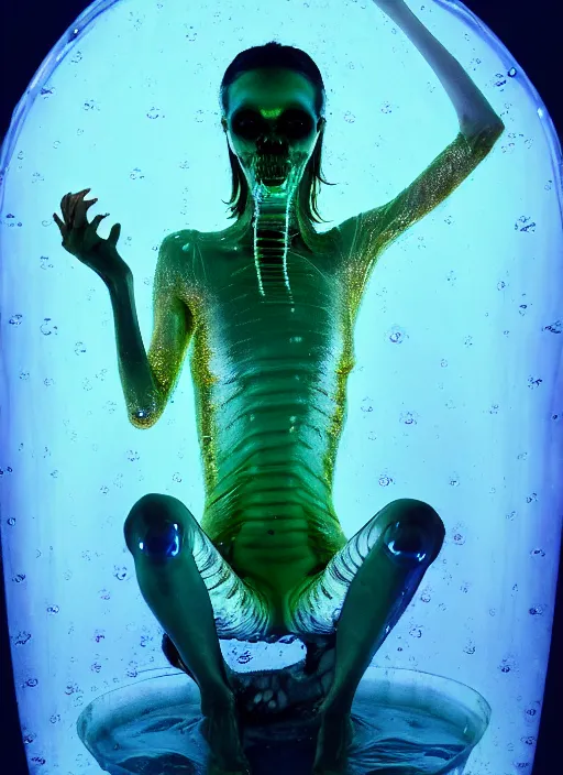 Prompt: darkly cinematic shot of a sci - fi sloppy saliva goo creature princess ungulate fairy ferret of slime crouching atop a fluid pool, translucent x ray transparent skin shows skeletal, her iridescent membranes, flaring gills, shades of aerochrome gold, eerie, occult, gelatinous with a smile, dark bubbling ooze covered serious