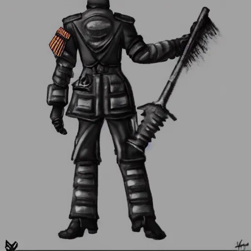 Image similar to an excited Death Korps of Kreig soldier wearing grey and wielding a shovel waving his arms in the air. Trending on Artstation