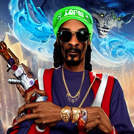 Prompt: Snoop Dogg as a character in the game League of Legends, with a background based on the game League of Legends, detailed face