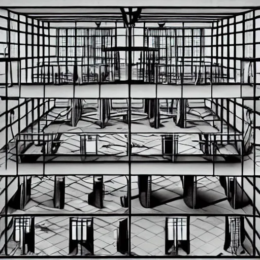 Image similar to scientific laboratory interior in the style of escher!!!!!!