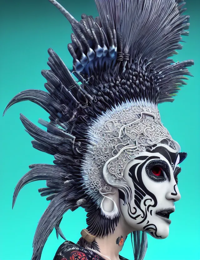 Image similar to 3 d goddess close - up profile simple portrait punk with mohawk with ram skull. beautiful intricately detailed japanese crow kitsune mask and clasical japanese kimono. betta fish, jellyfish phoenix, bio luminescent, plasma, ice, water, wind, creature, artwork by tooth wu and wlop and beeple and greg rutkowski