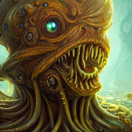 Image similar to portrait of SpongeBob as a large Lovecraftian monster, fantasy, intricate, elegant, highly detailed, digital painting, artstation, concept art, smooth, sharp focus, illustration, art by artgerm and greg rutkowski