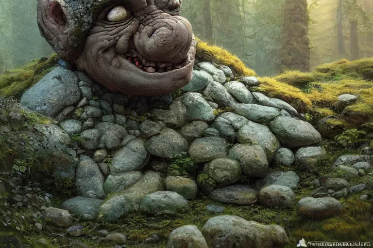 Prompt: oil painting of an old stone troll made of rocks lurking in a swedish forest. covered in lichen and moss. very low angle photograph, very detailed, trending on artstation, hyperrealistic, smooth, soft colors, rays of golden sunlight, oil painting by simon stalenhag and greg rutkowski and tim hildebrandt