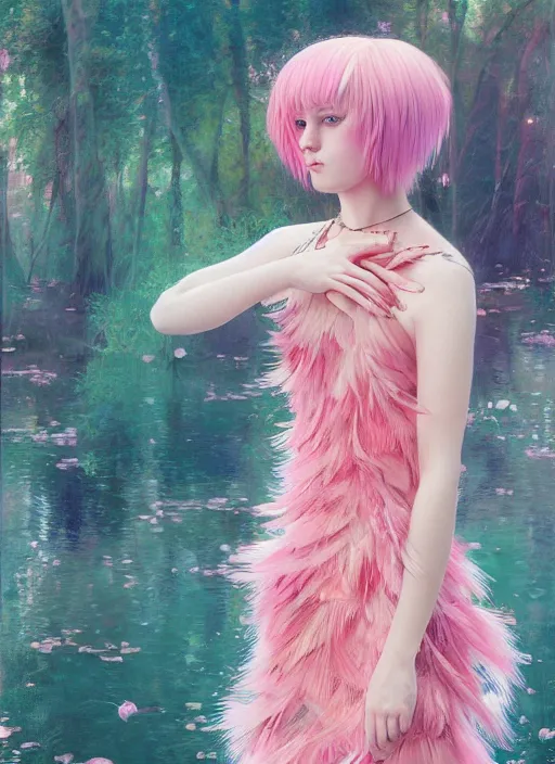 Image similar to beautiful teen girl with an eccentric pink haircut wearing an dress made of feathers, artwork made by ilya kuvshinov, inspired in donato giancola, hd, ultra realistic, reflection, stage