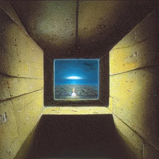 Image similar to a fantasy ctiy built into the walls of a cylindrical pit, painting by Peter Elson